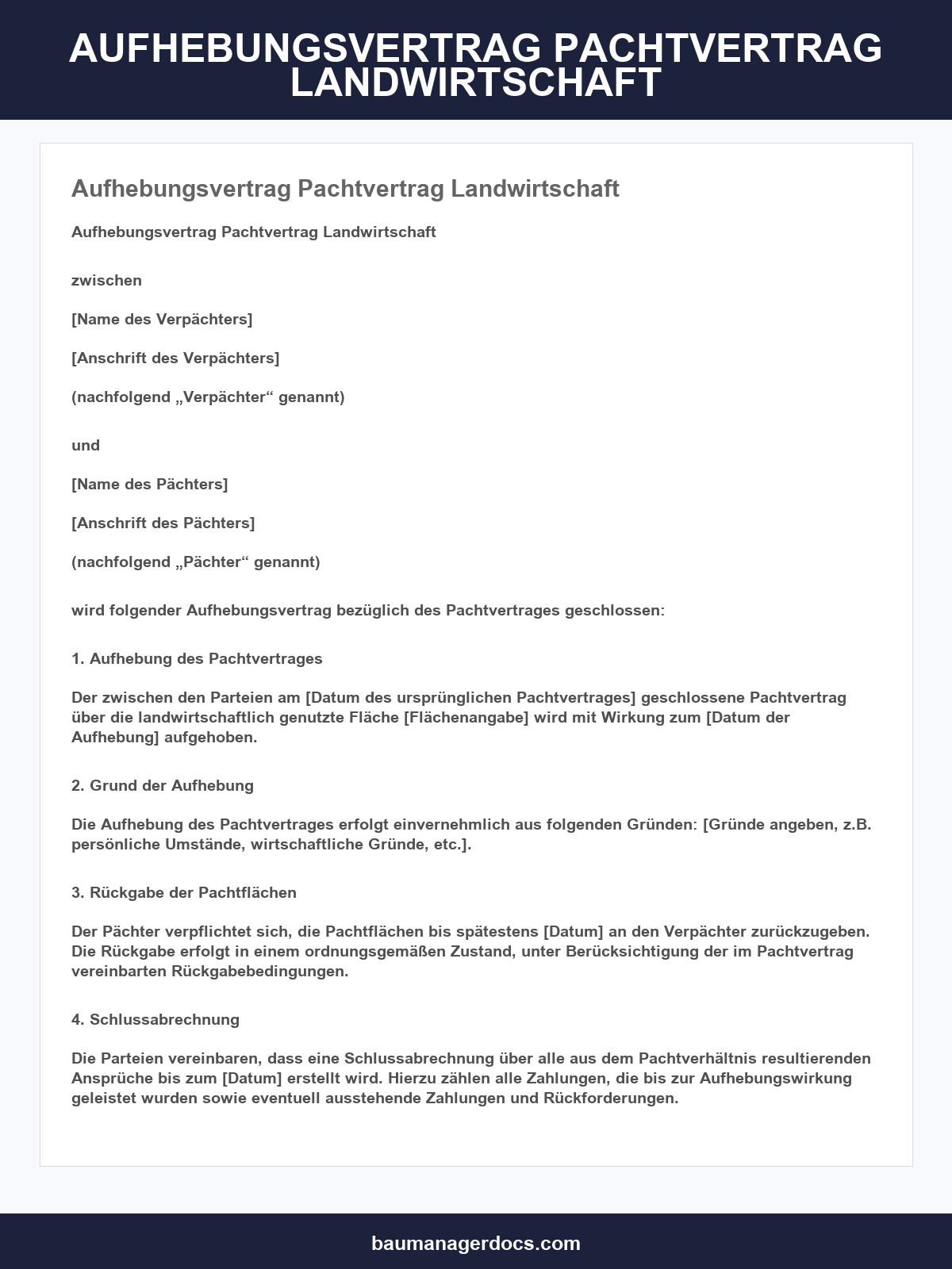Aufhebungsvertrag Pachtvertrag Landwirtschaft Muster