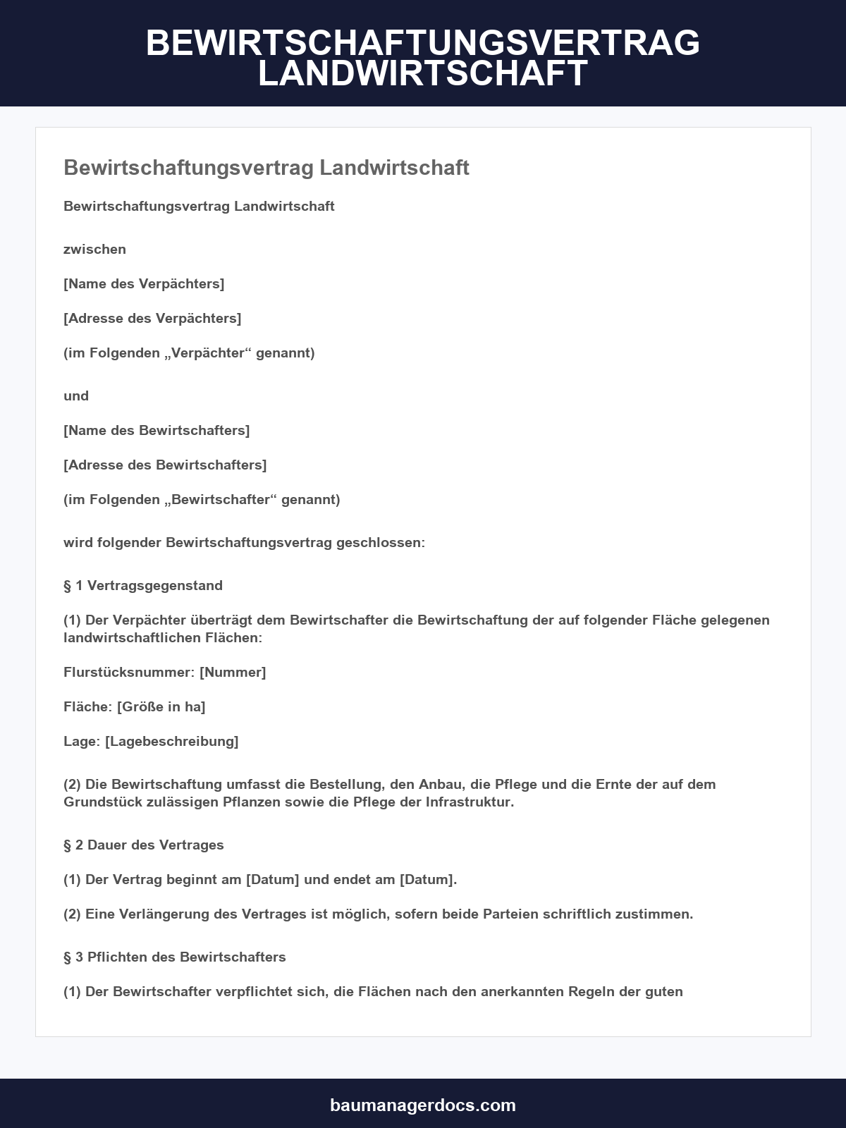 Bewirtschaftungsvertrag Landwirtschaft Vordruck