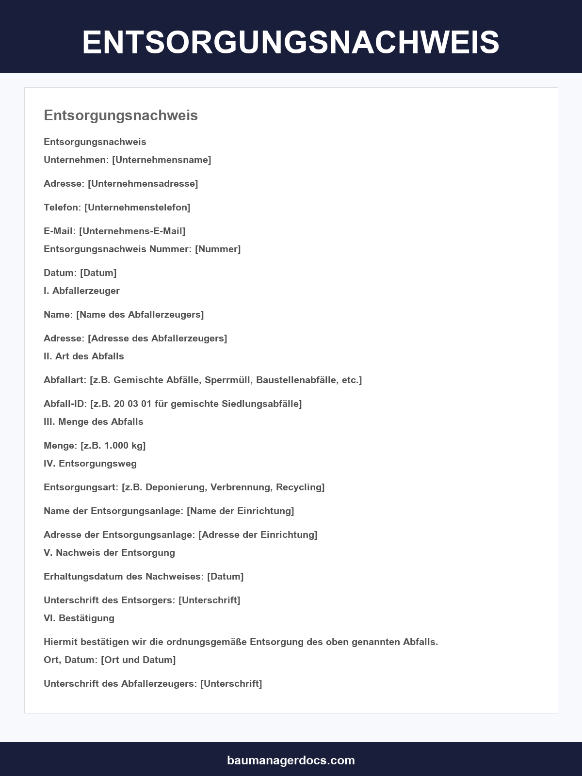 Entsorgungsnachweis Vorlage