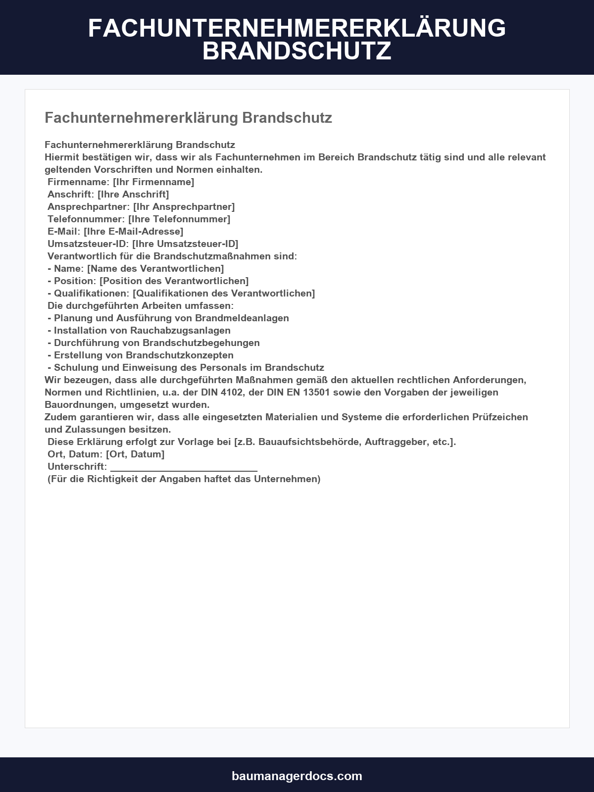 Fachunternehmererklärung Brandschutz