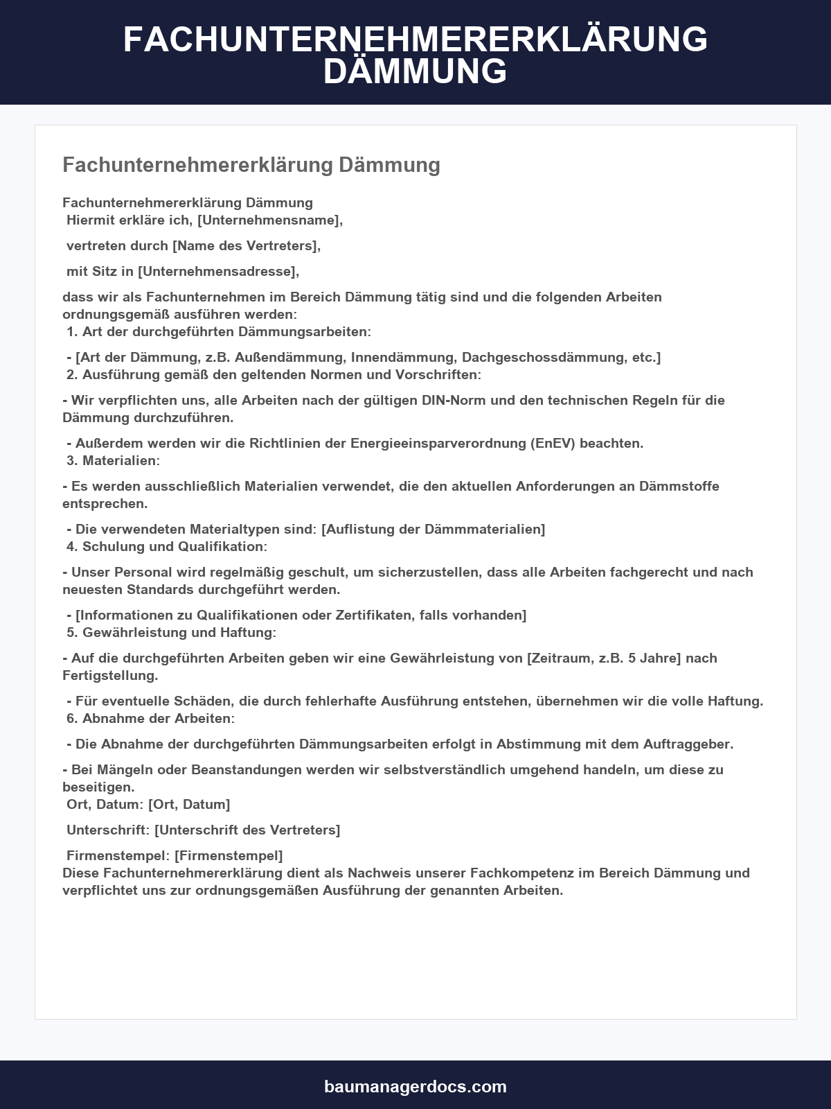 Fachunternehmererklärung Dämmung Muster