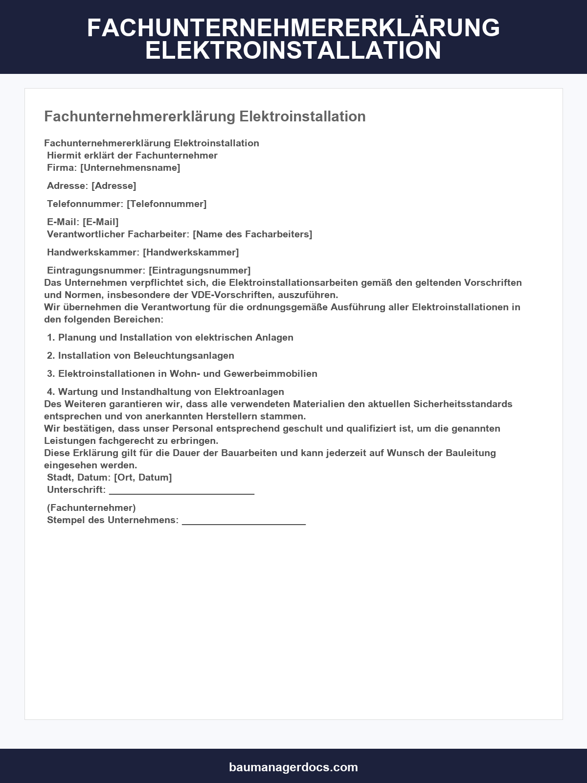 Fachunternehmererklärung Elektroinstallation