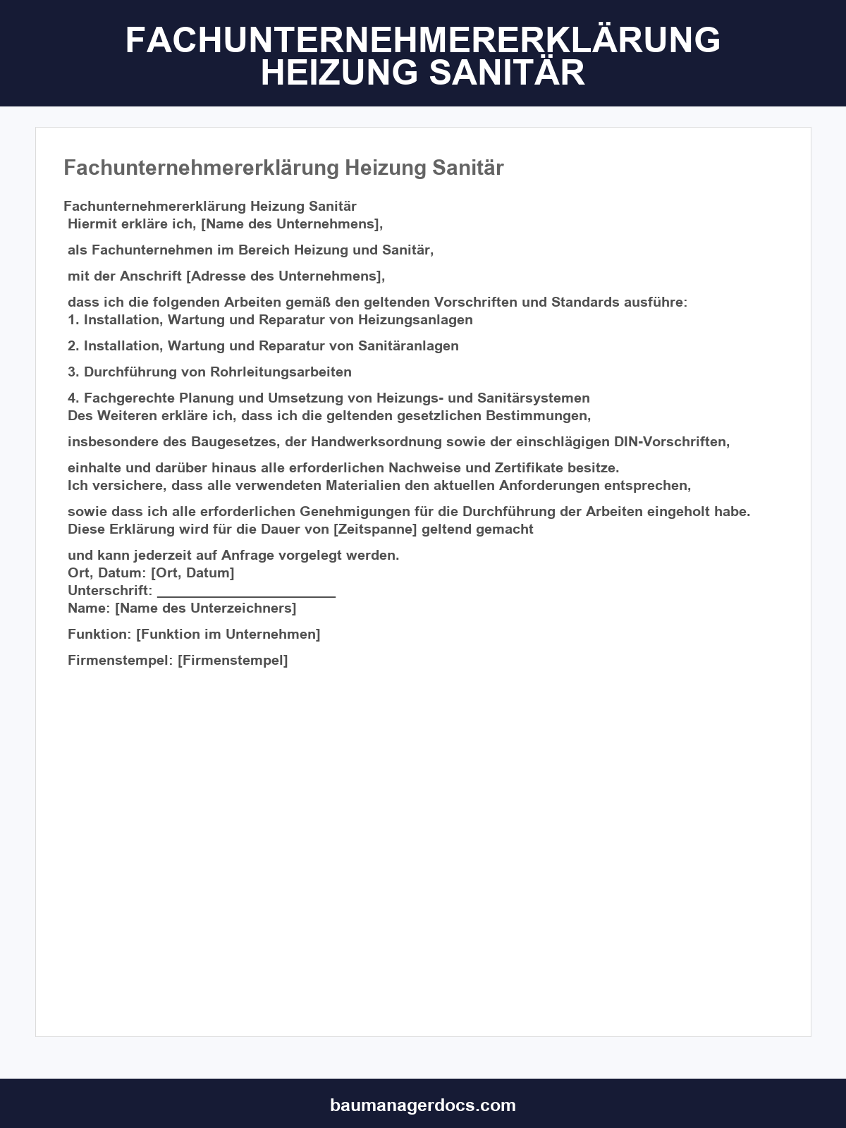 Fachunternehmererklärung Muster Heizung Sanitär