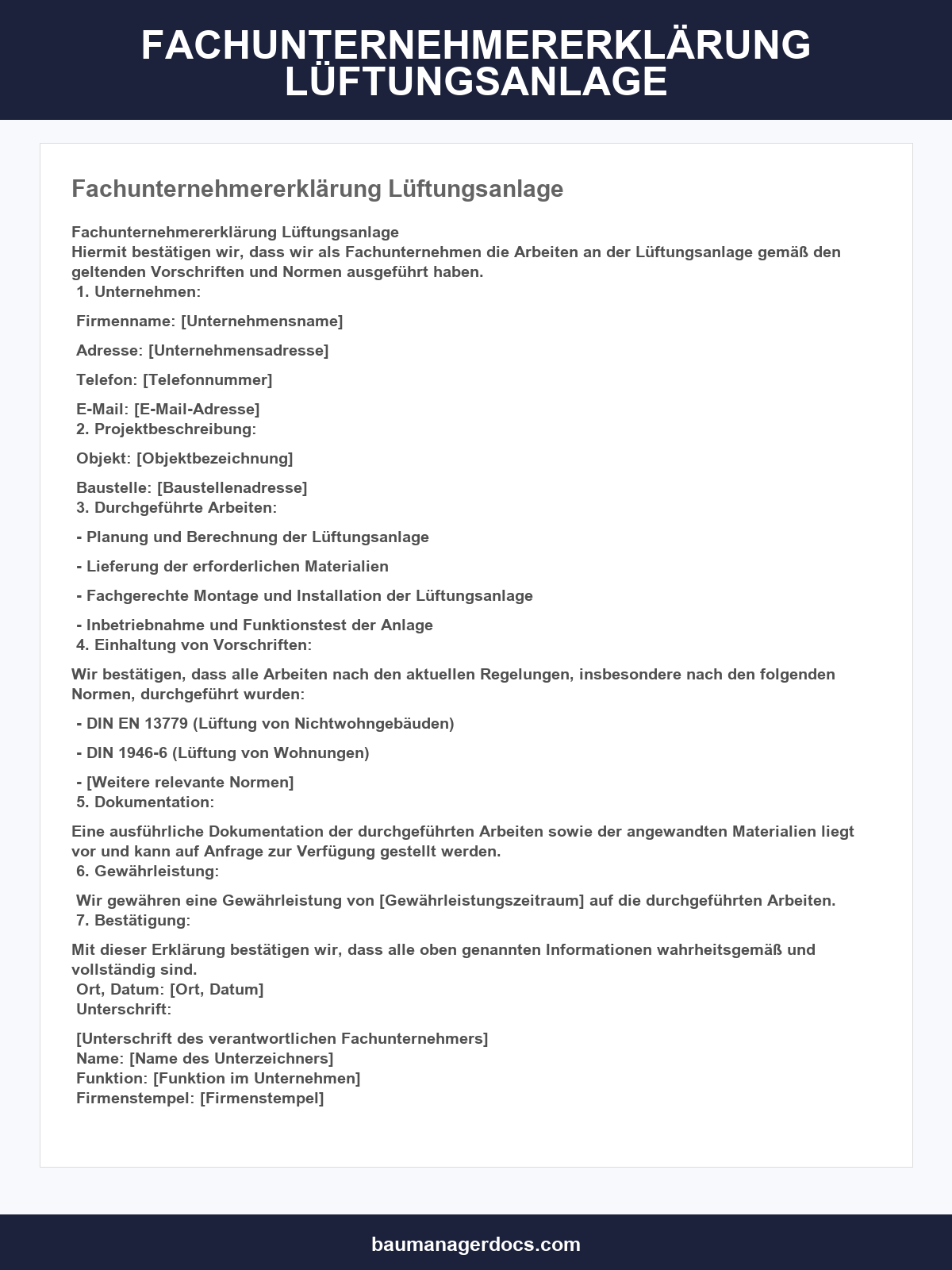 Fachunternehmererklärung Lüftungsanlage