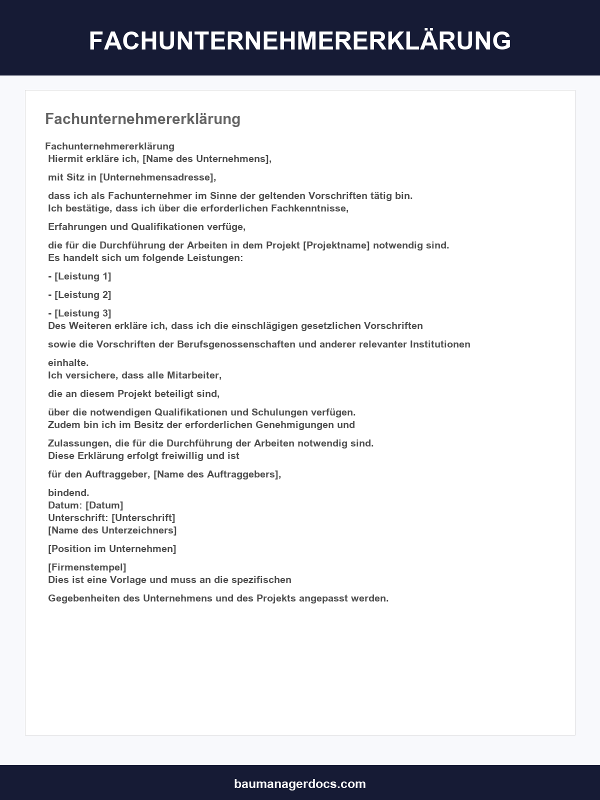Fachunternehmererklärung Vorlage
