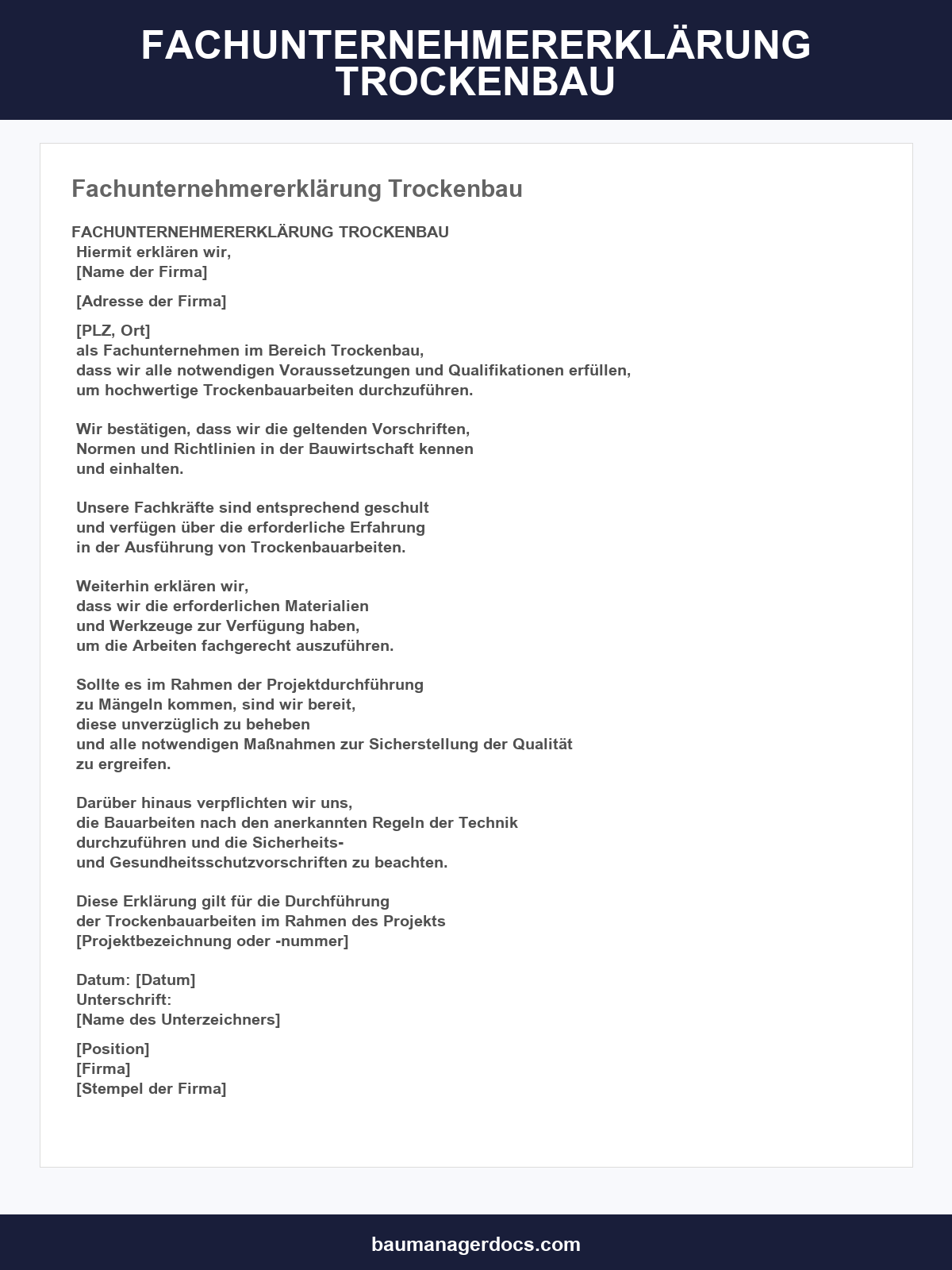Fachunternehmererklärung Trockenbau