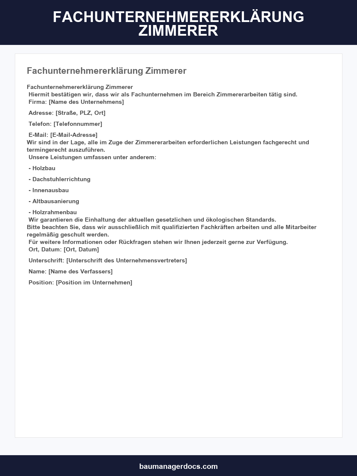 Fachunternehmererklärung Zimmerer Vordruck