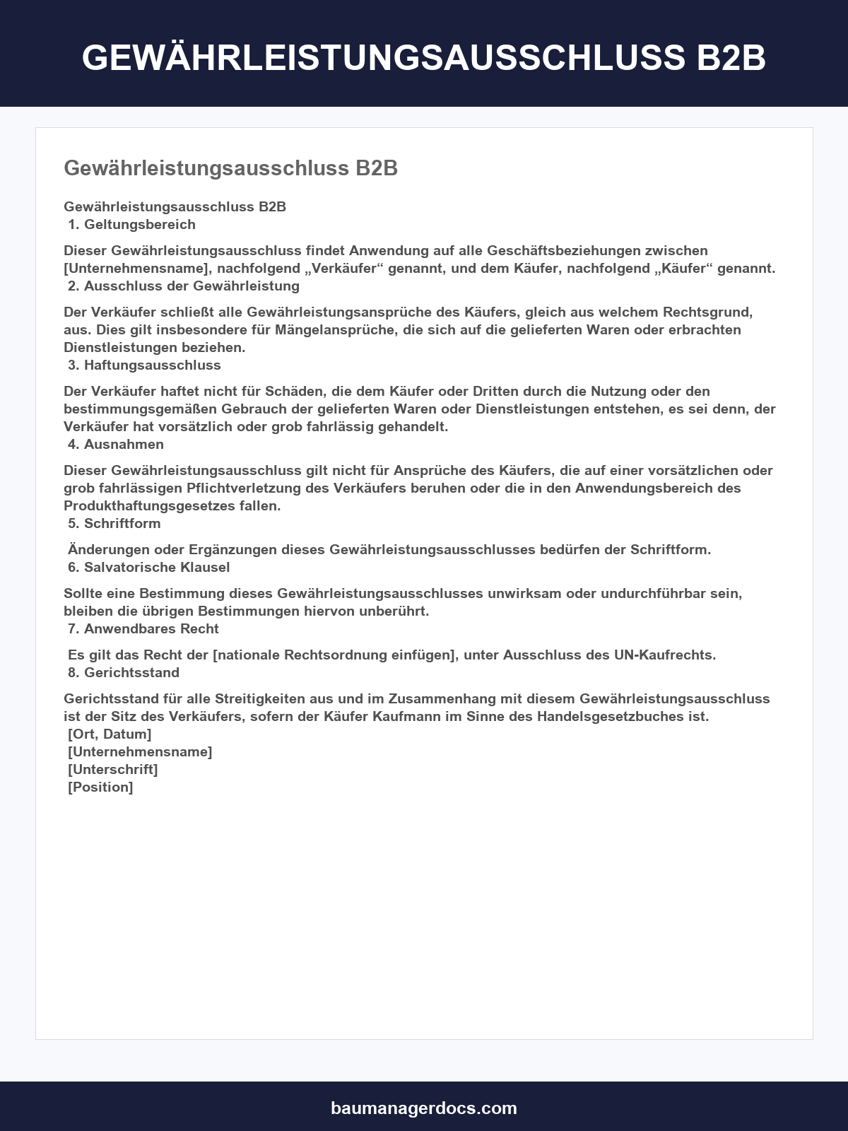 Gewährleistungsausschluss B2B Muster