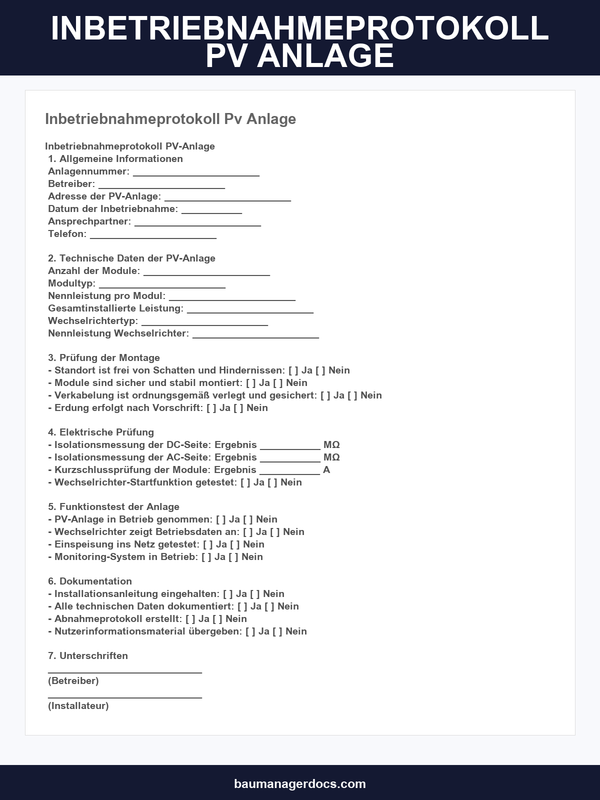 Inbetriebnahmeprotokoll Pv-Anlage Vorlage