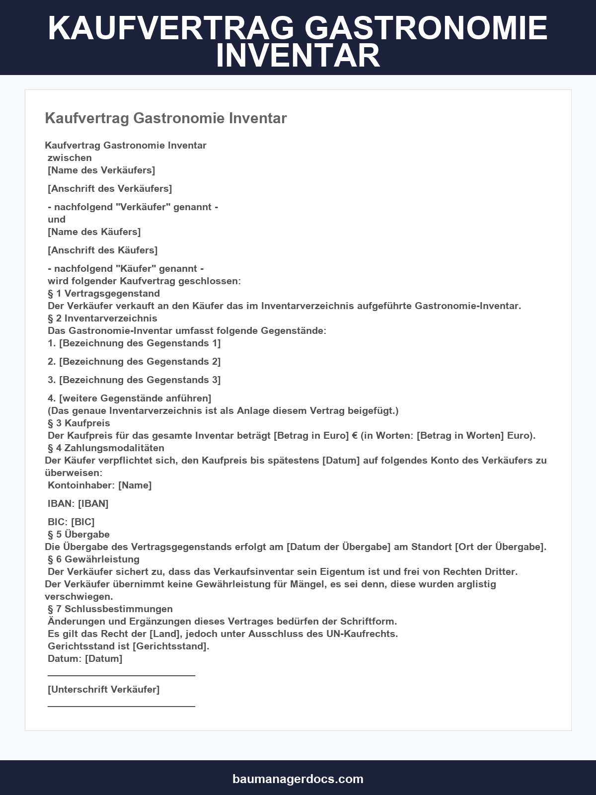 Kaufvertrag Gastronomie Inventar