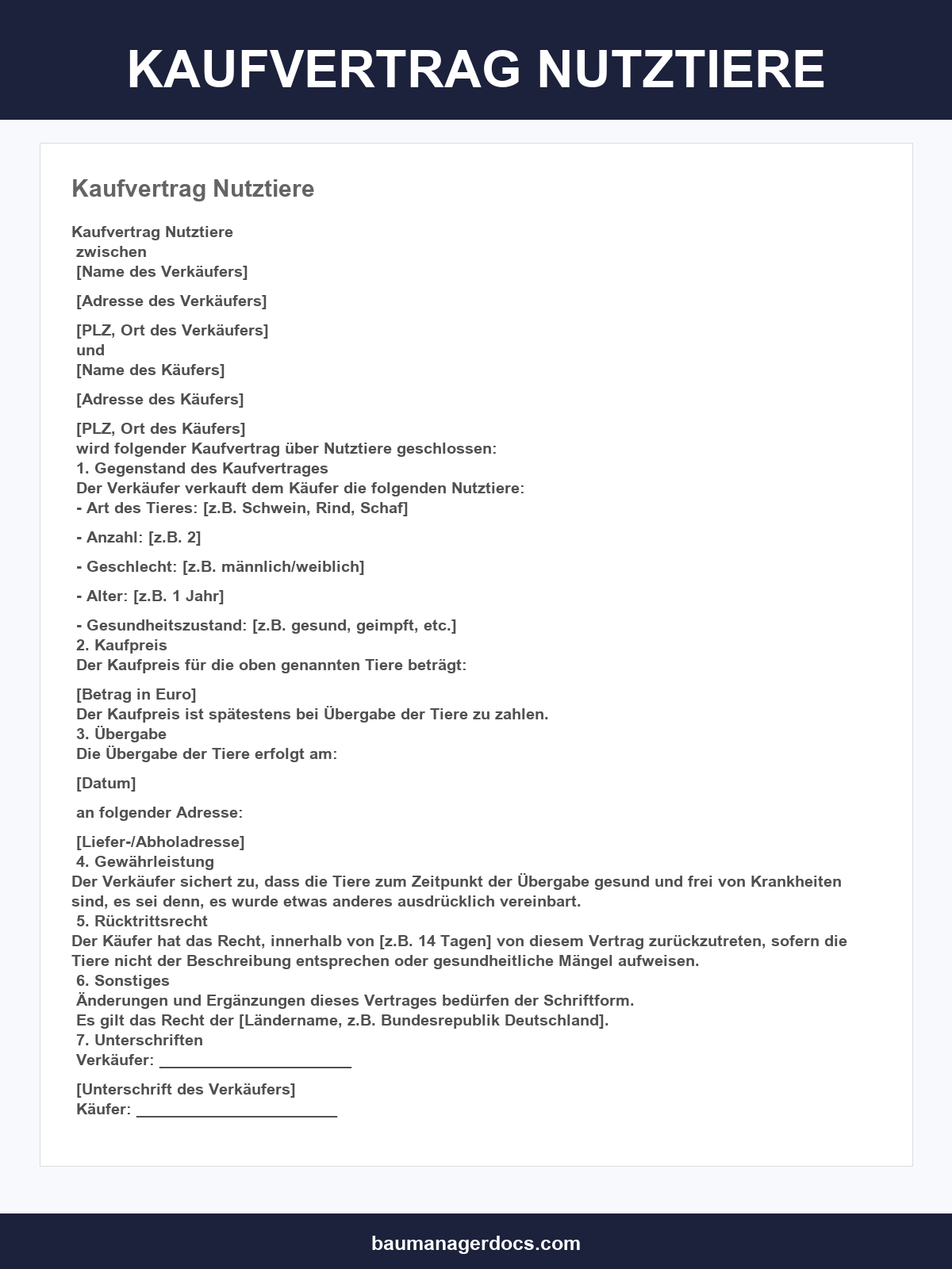 Kaufvertrag Nutztiere Muster