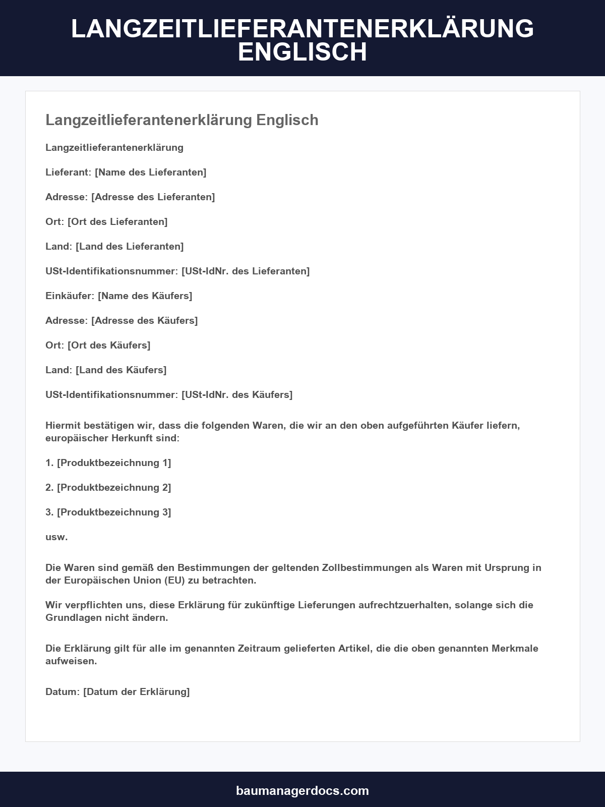 Langzeitlieferantenerklärung Englisch Vorlage