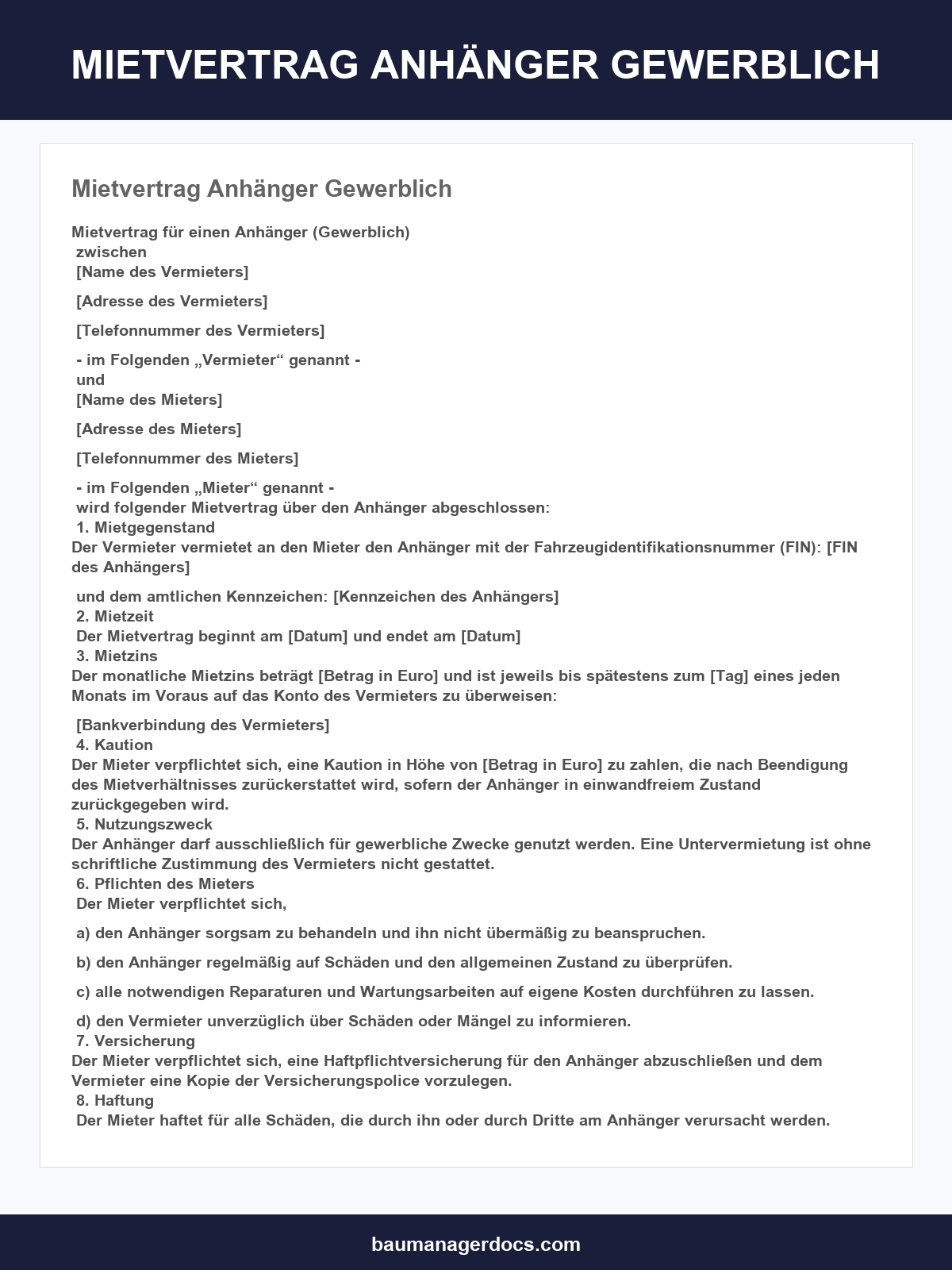 Mietvertrag Anhänger Gewerblich