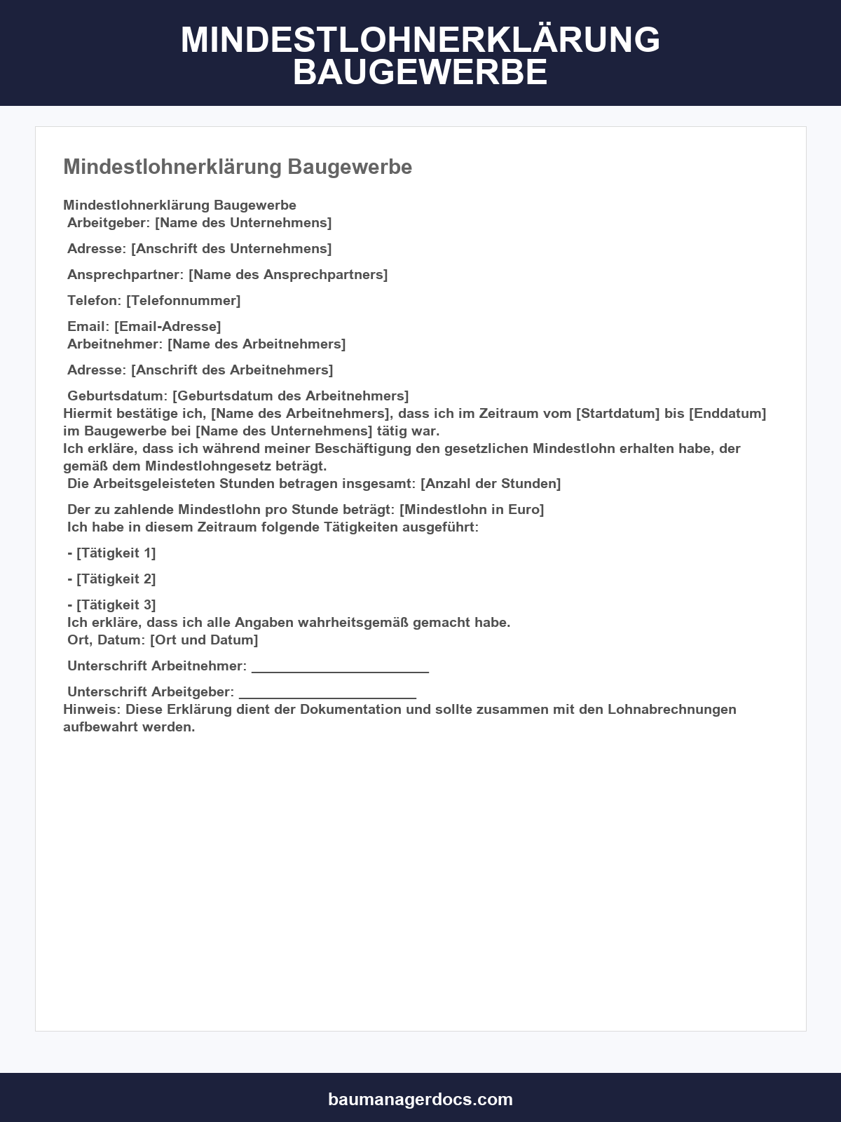 Mindestlohnerklärung Baugewerbe Vorlage