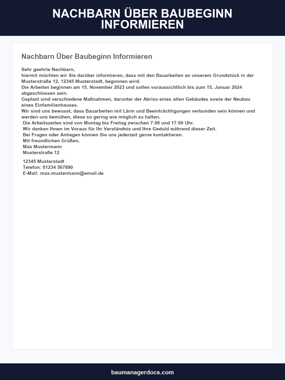 Nachbarn Über Baubeginn Informieren Vorlage