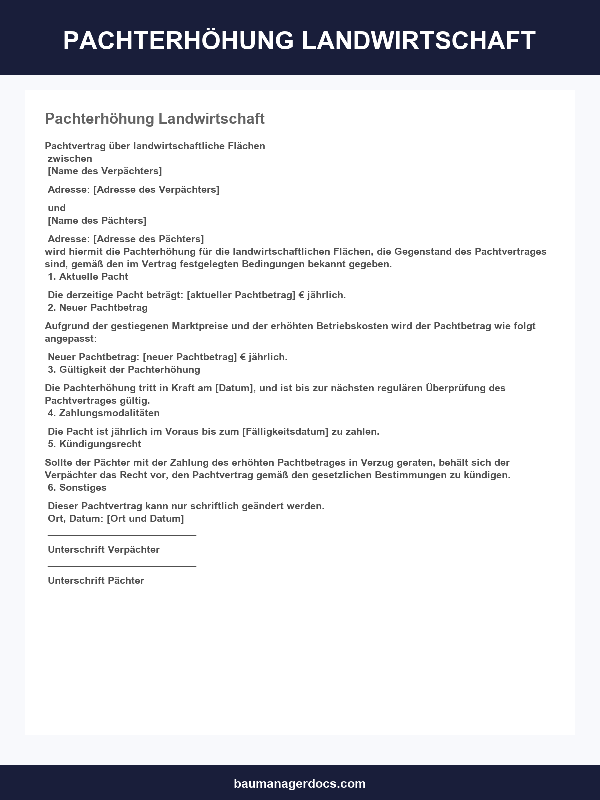 Musterschreiben Pachterhöhung Landwirtschaft