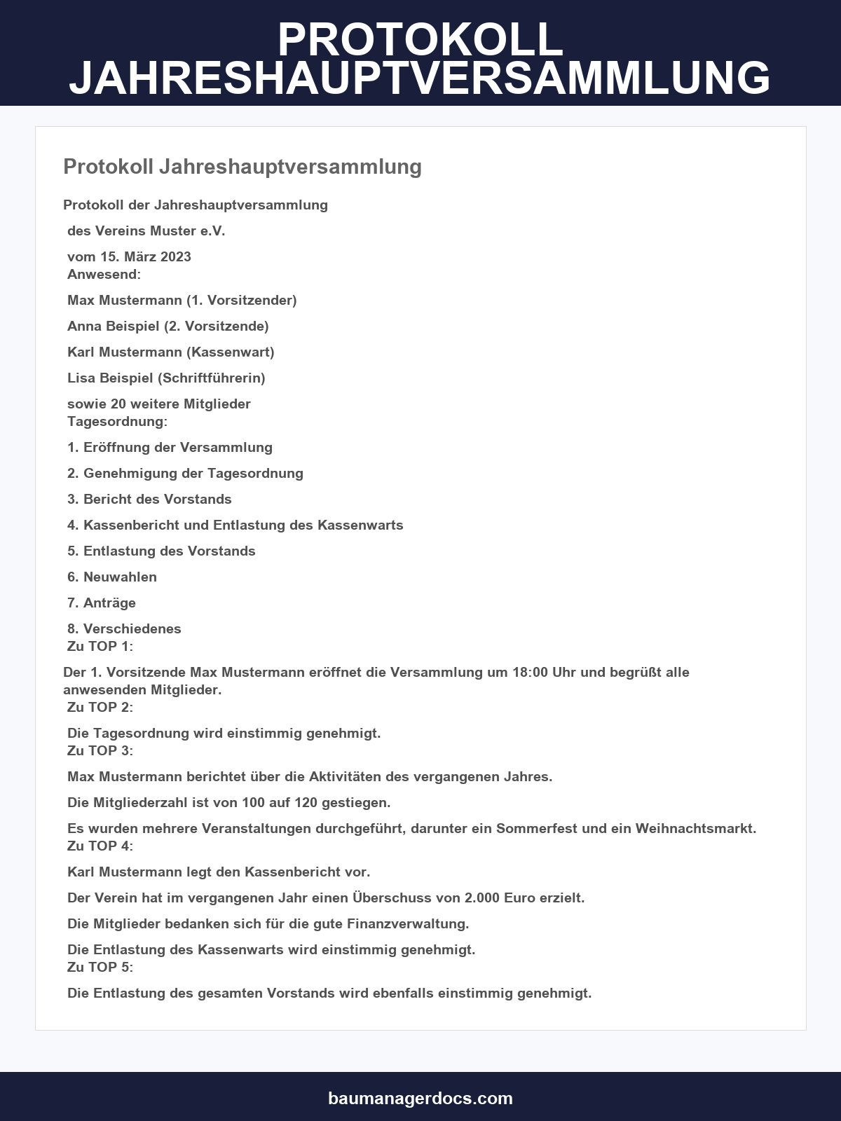 Protokoll Jahreshauptversammlung Vorlage