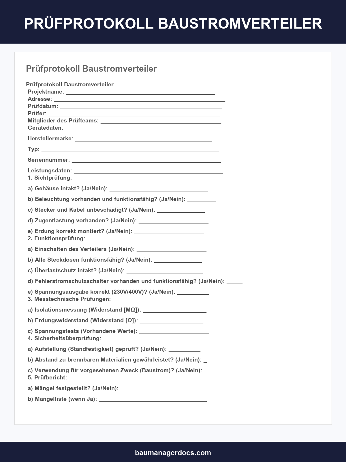 Prüfprotokoll Baustromverteiler Vorlage