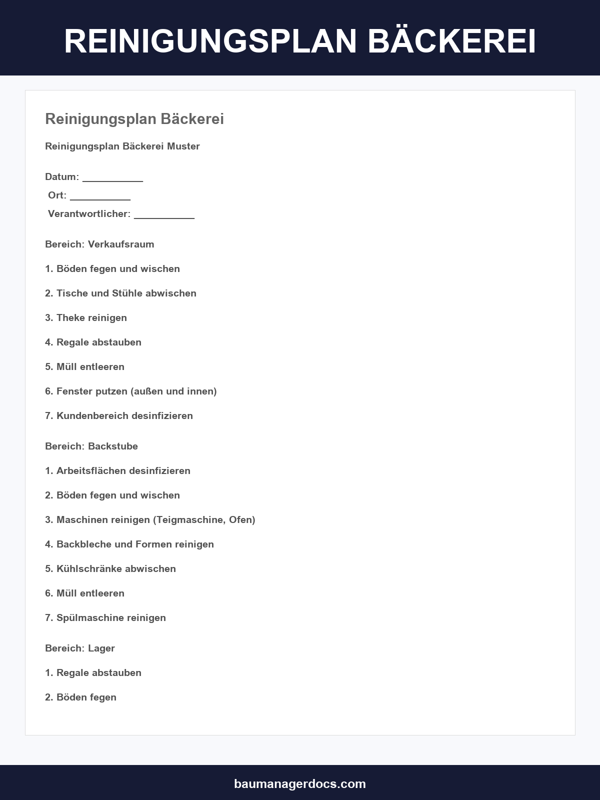 Reinigungsplan Bäckerei Vorlage