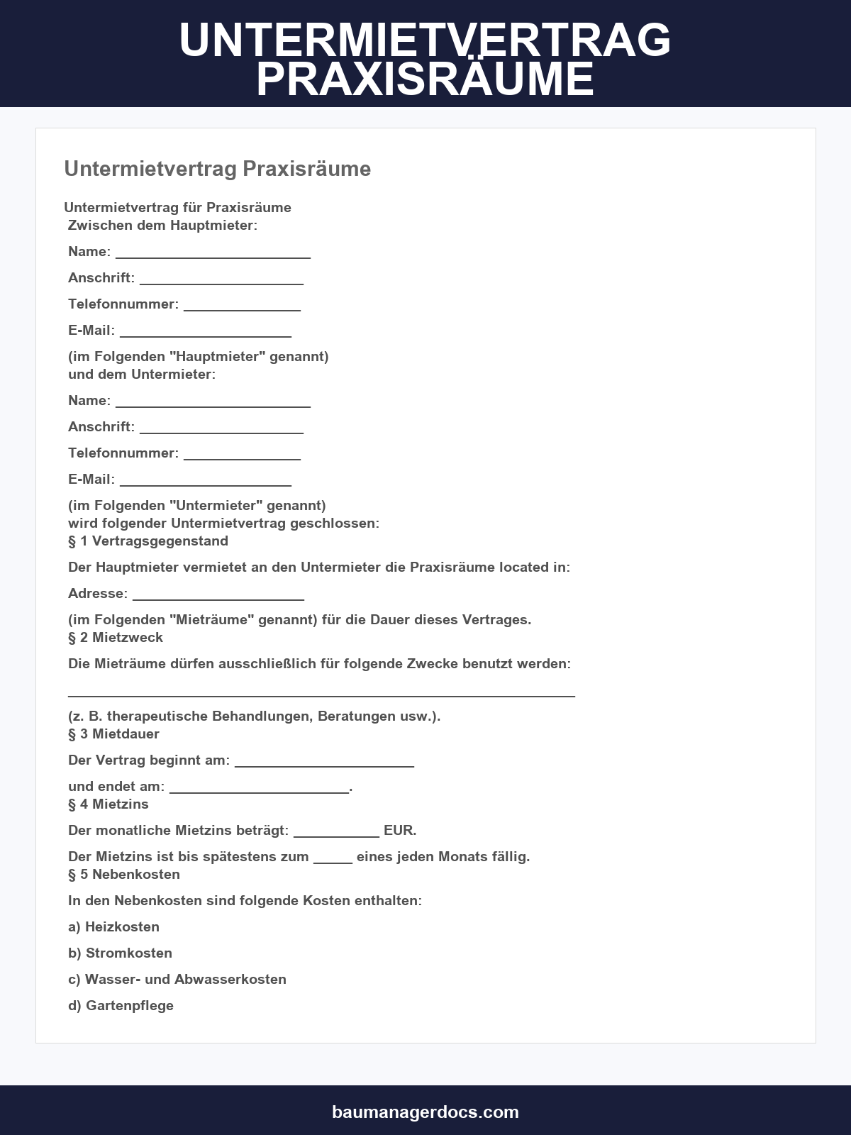 Untermietvertrag Praxisräume Vorlage