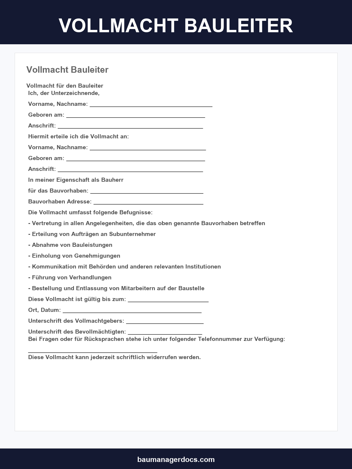 Vollmacht Bauleiter Muster