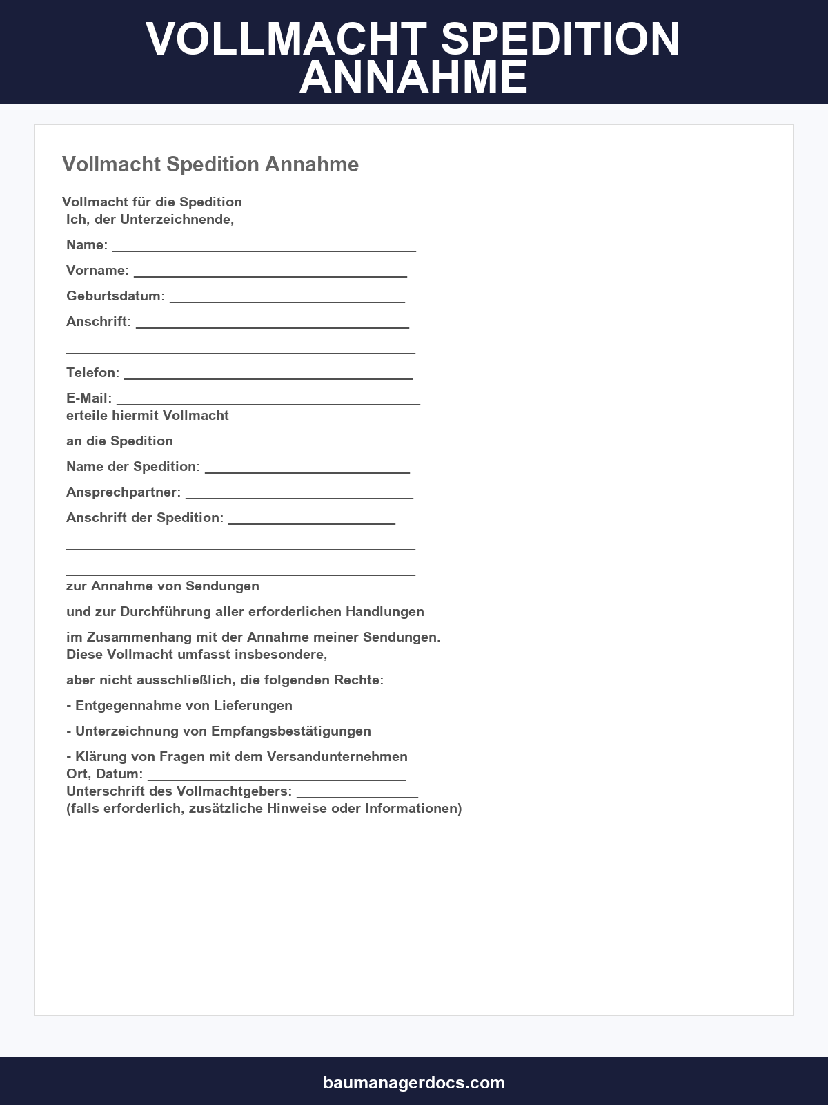 Vollmacht Spedition Annahme