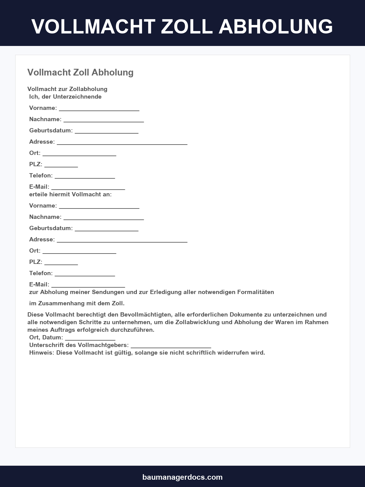 Vollmacht Zoll Abholung