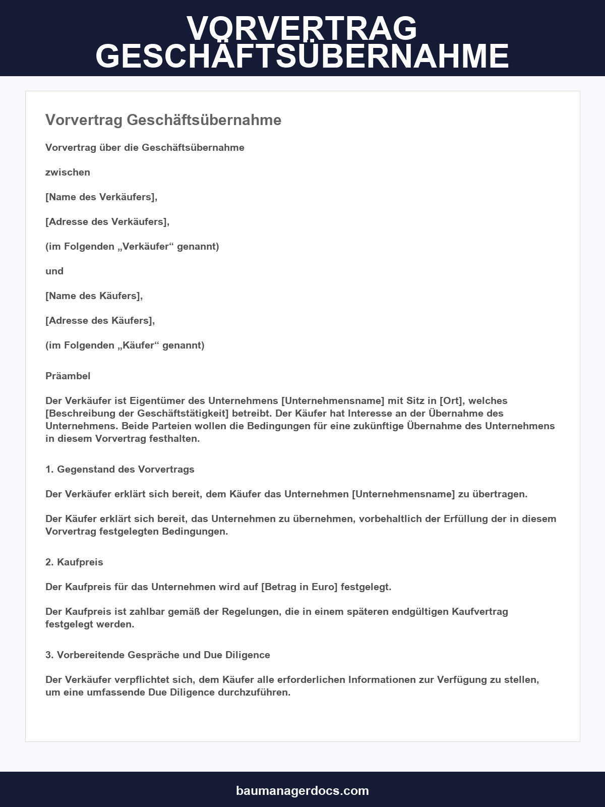 Vorvertrag Geschäftsübernahme Muster